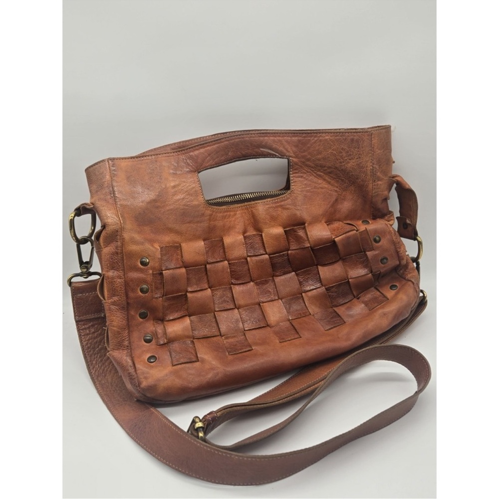 BED STU "ORCHID" Red-Brown Studded Woven Leather Satchel Bag Cross-body Handbag